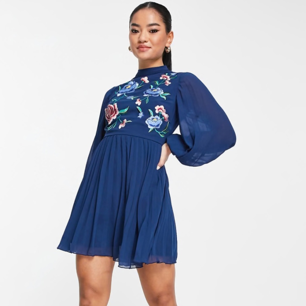 ASOS DESIGN Petite high neck long sleeve skater mini dress with embroidery